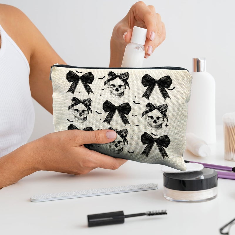 RYYCDOI Coquette Gothic Halloween Makeup Bag, Dark Bow Skull Makeup Bag, Spooky Gifts for Women - Image 4